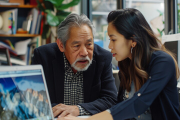 Fototapeta premium Mature Latin manager mentor talking to young Asian female coworker showing online project results at meeting. Two happy diverse professional executives team working in office using pc laptop