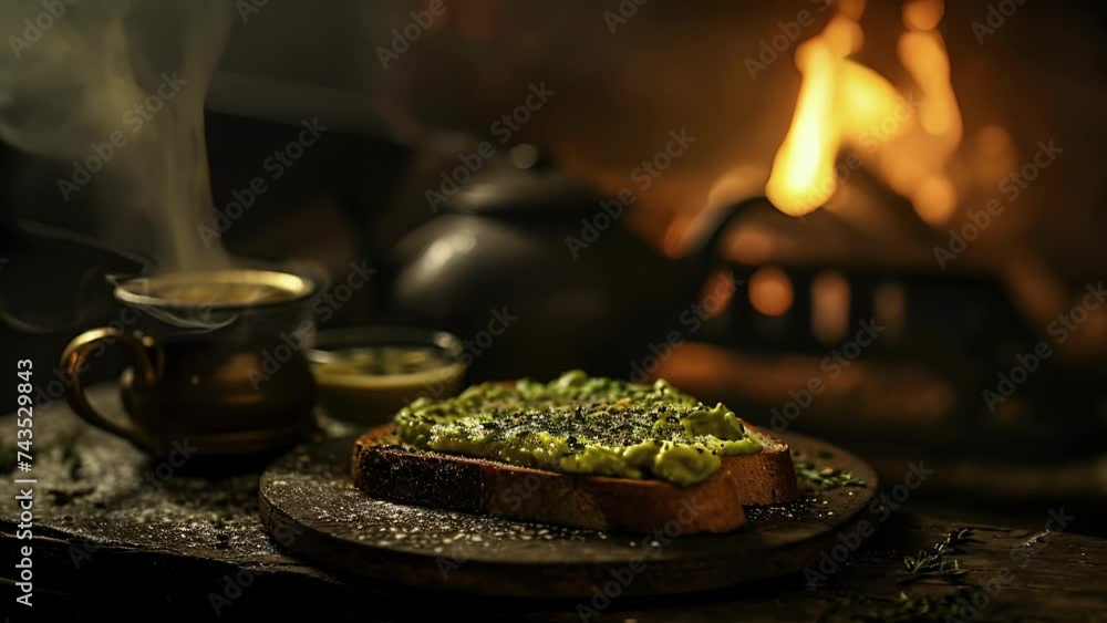 Poster a slice of perfectly grilled toast smeared with avocado spread served on a rustic platter alongside 