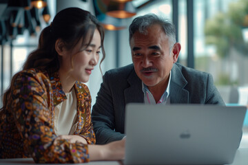 Mature Latin manager mentor talking to young Asian female coworker showing online project results at meeting. Two happy diverse professional executives team working in office using pc laptop - obrazy, fototapety, plakaty