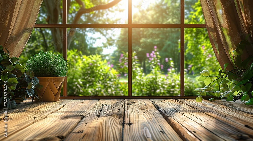 Poster empty of wood table top on blur of curtain with window view green from tree garden background