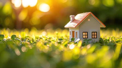 Small-sized home model placed on the grass field. - obrazy, fototapety, plakaty