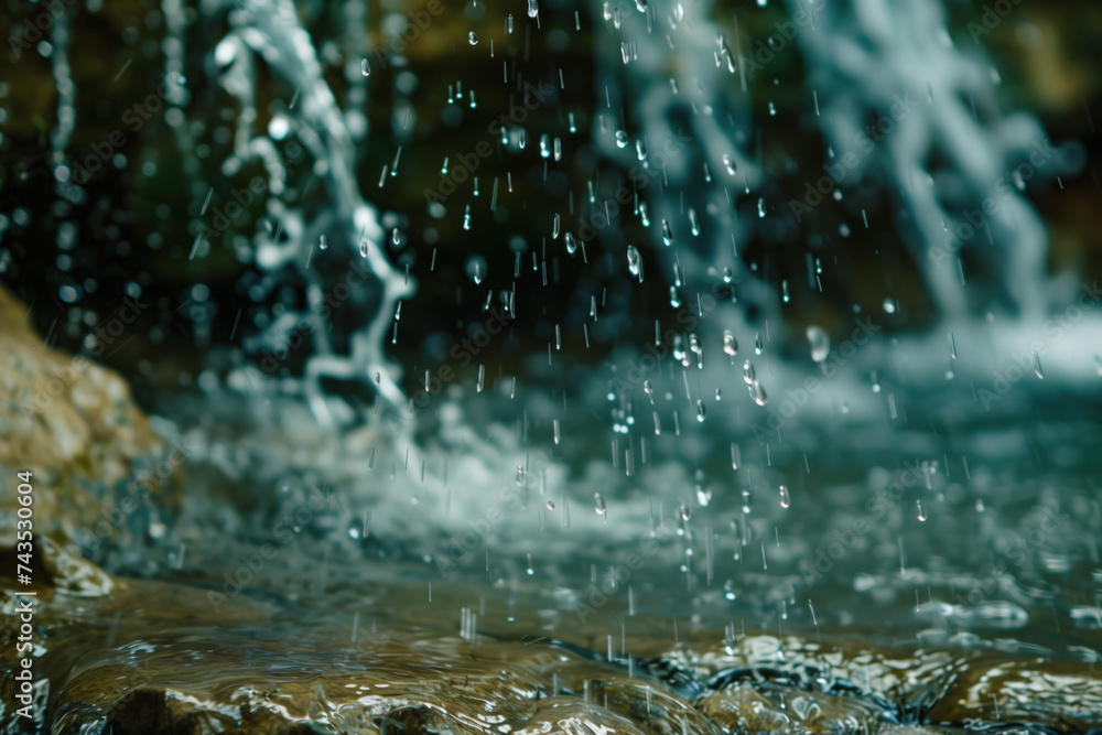 Poster water splash in the forest. water is the source of life. a slide background for showcasing the impor