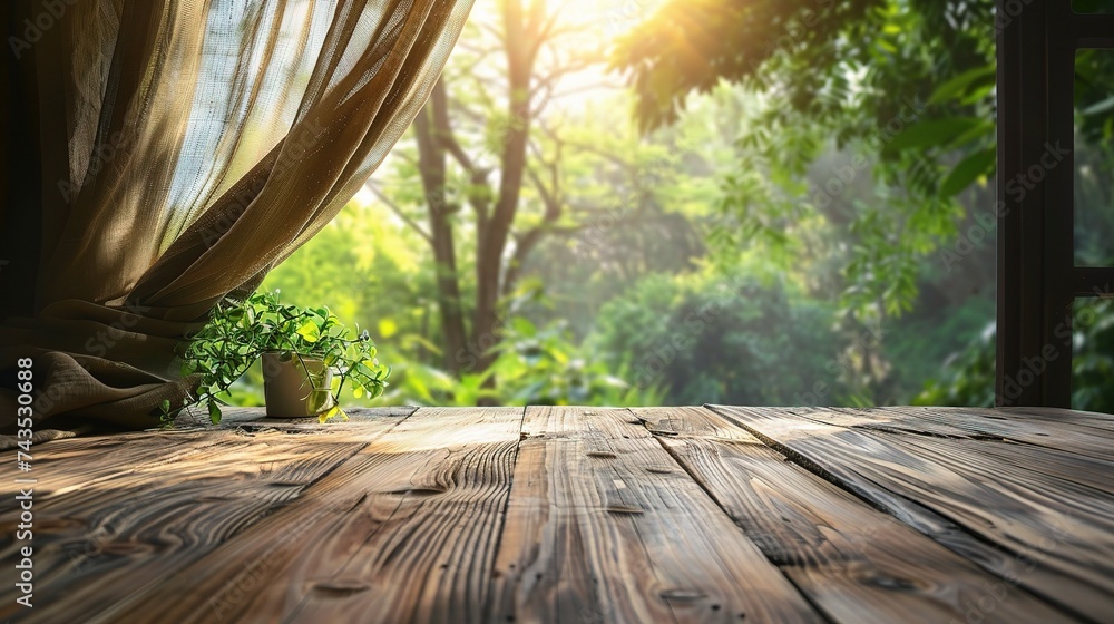 Poster empty of wood table top on blur of curtain with window view green from tree garden background