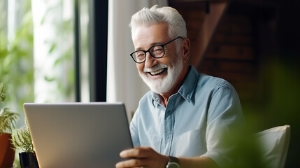 Senior Man with Glasses Enjoying Technology Using Digital Tablet at Home, Connectivity and Retirement Lifestyle