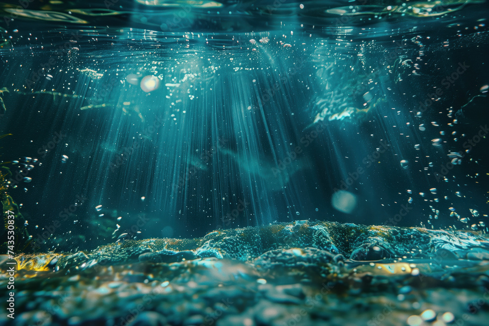 Poster beams of sunlight underwater. water is the source of life. a slide background for showcasing the imp