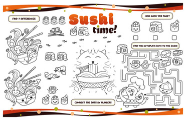 Printable placemat for kids. Activity sheet "Sushi time" with a labyrinth, connect the dots and find the differences. 17x11 inch printable vector file