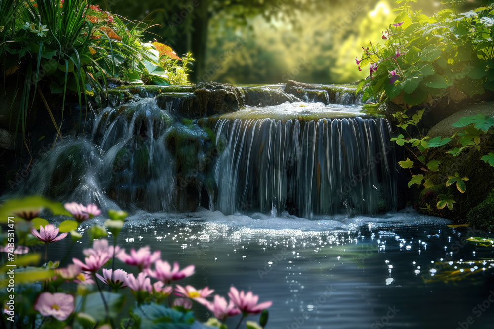 Poster waterfall in the forest. water is the source of life. a slide background for showcasing the importan