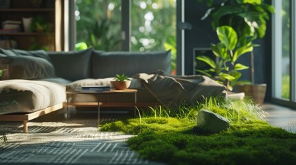 Modern Scandinavian minimalist interior overgrown with grass and flowers. Sunlight from the window. Green lifestyle. A harmonious room with grass, flowers and plants inside.