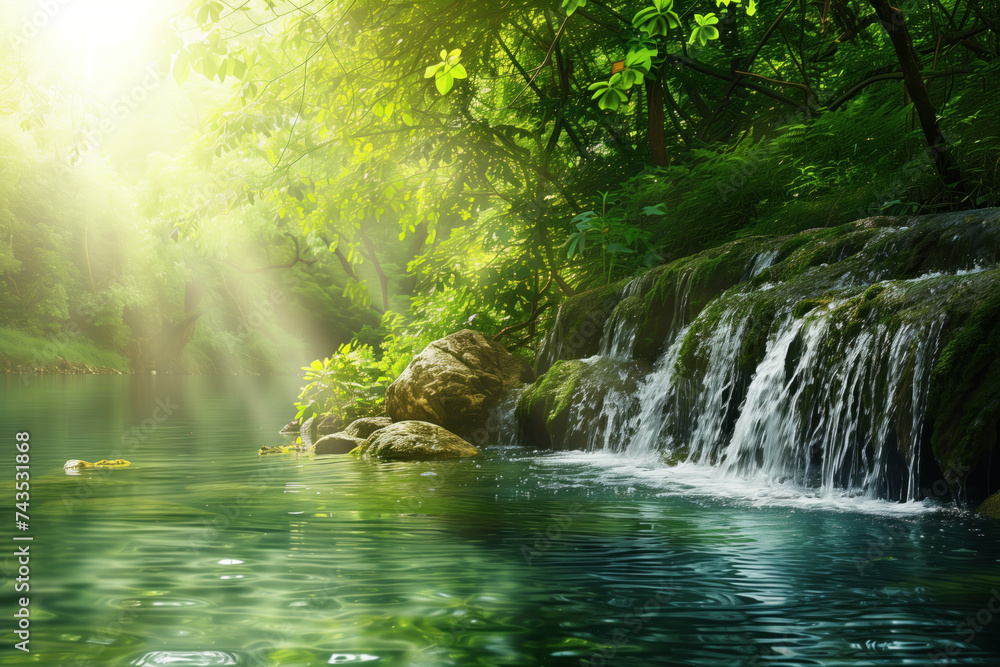 Poster waterfall in the forest. water is the source of life. a slide background for showcasing the importan