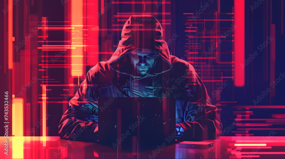 Poster guy hacker sits at a table in front of a laptop on a dark background. the man is stealing data. the 