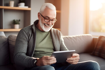 Fototapeta na wymiar Senior Man with Glasses Enjoying Technology Using Digital Tablet at Home, Connectivity and Retirement Lifestyle