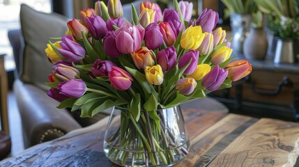 Mixed tulip bouquet, rainbow of colors, vibrant and joyful, spring celebration