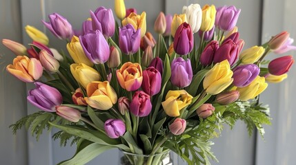 Assorted tulips in a bouquet, spectrum of hues, lively and cheerful, vernal festivity