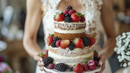 Fototapeta na wymiar Naked birthday cake with rustic icing and berries, simple and charming, natural taste
