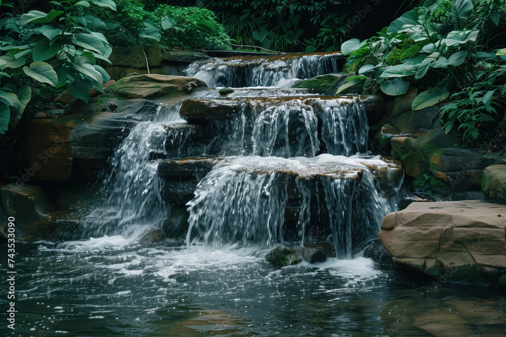 Poster waterfall in the forest. water is the source of life. a slide background for showcasing the importan