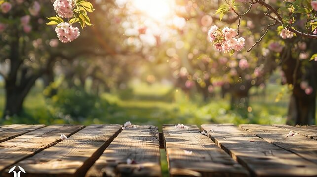 Empty wood taSpring Table With Trees In Blooming And Defocused Sunny Garden In Background