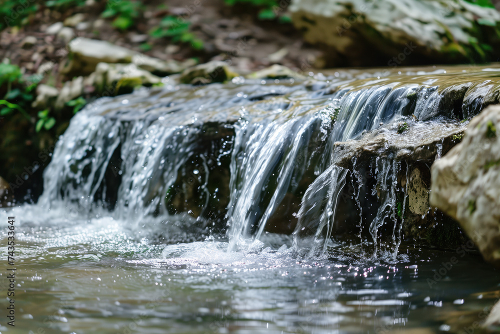 Poster waterfall in the forest. water is the source of life. a slide background for showcasing the importan