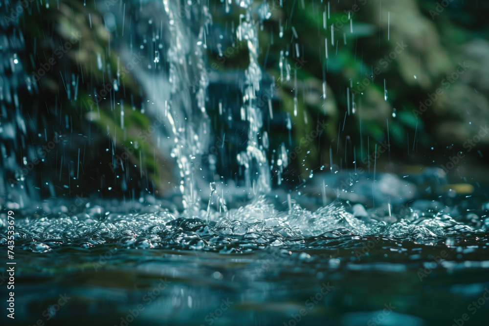 Poster water splash in the forest. water is the source of life. a slide background for showcasing the impor