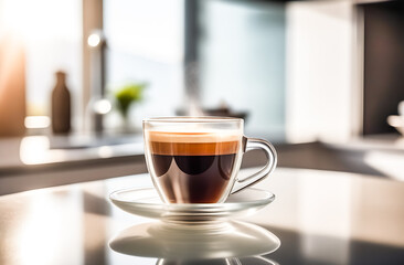international Coffee Day. A transparent glass cup of coffee stands on the table in a modern bright kitchen. AI generation