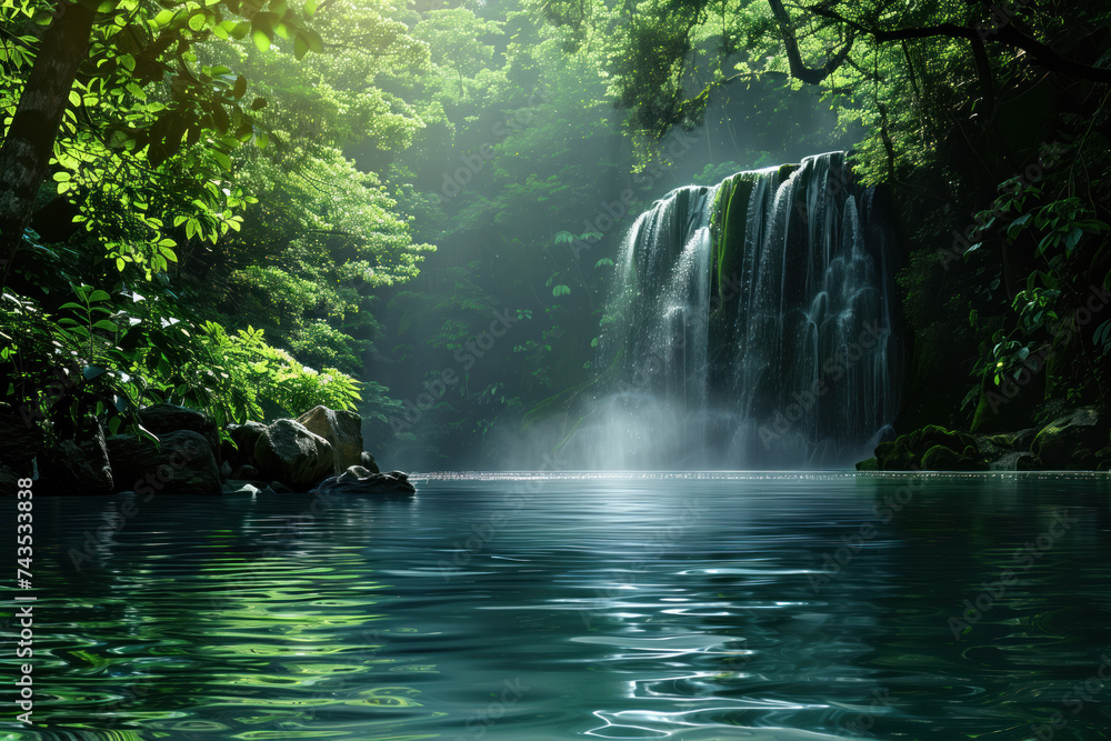 Poster waterfall in the forest. water is the source of life. a slide background for showcasing the importan