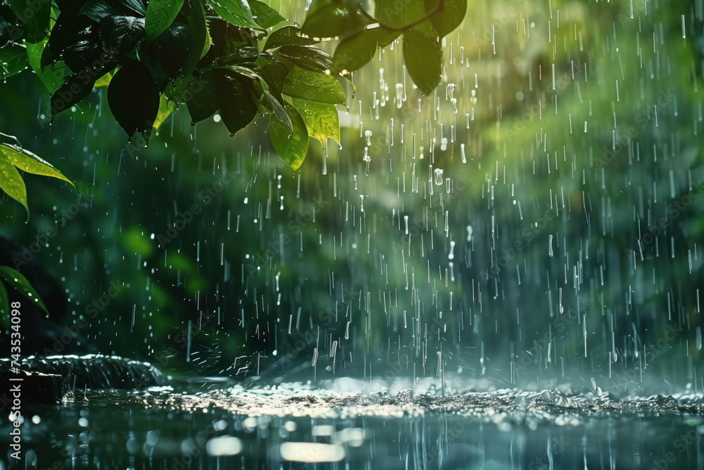 Poster water splash in the forest. water is the source of life. a slide background for showcasing the impor