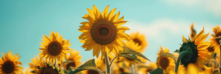 Field of sunflowers on background blue sky sunlight