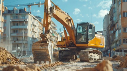 Powerful Excavator at Urban Construction Site