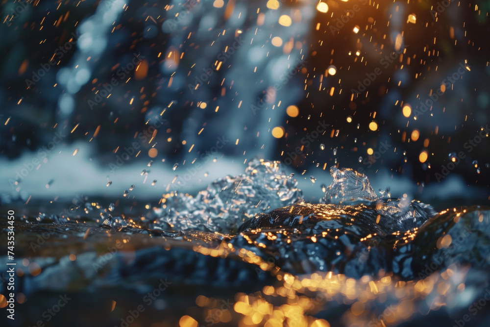 Poster water splash in the forest. water is the source of life. a slide background for showcasing the impor