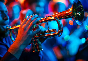Close-Up of Trumpet Player at Concert. - obrazy, fototapety, plakaty
