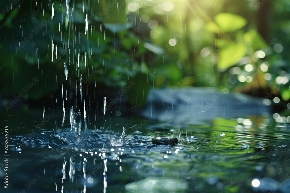 Poster water splash in the forest. water is the source of life. a slide background for showcasing the impor