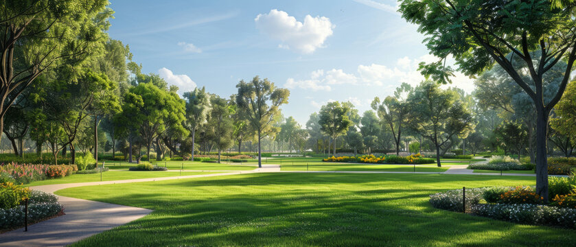 Public park with large trees, green grass field, walk path track
