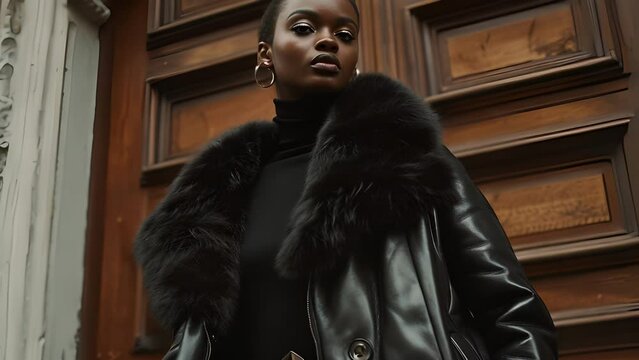 A classic black turtleneck and leather pants combo paired with a statement coat made of luxurious faux fur perfect for a night out on the town.