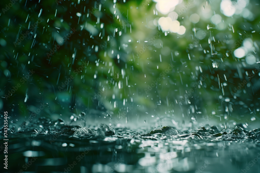 Poster water splash in the forest. water is the source of life. a slide background for showcasing the impor