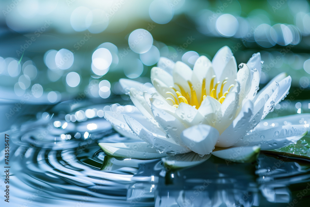 Poster white water lily in water. water is the source of life. a slide background for showcasing the import