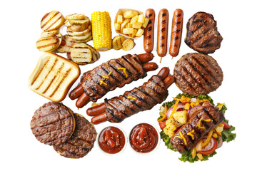 top view of a classic American BBQ spread featuring grilled burgers, hot dogs, corn on the cob, and potato salad.