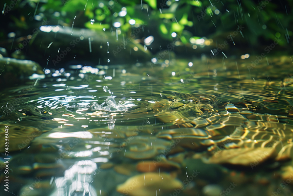 Poster water splash in the forest. water is the source of life. a slide background for showcasing the impor