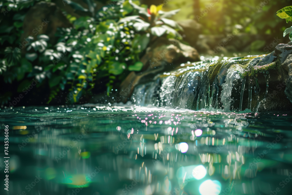 Poster waterfall in the forest. water is the source of life. a slide background for showcasing the importan