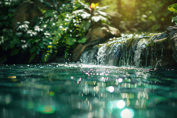 Fototapeta premium Waterfall in the forest. Water is the source of life. A slide background for showcasing the importance of water. Background image. Created with Generative AI technology.