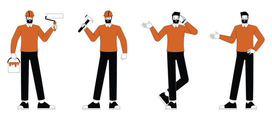 Set of office man wear orange shirt character flat and minimal vector illustration design style. Presentation in various action. People working in office planning, thinking and economic analysis.