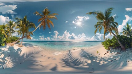 Fantastic sunny panorama at Maldives. Luxury resort seascape.  sea waves coconut palm trees sand sunshine sky.
