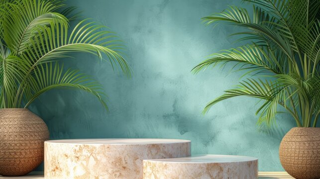 3d rendering mockup step podium display leaf palm