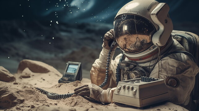 astonaut calling by vintage phone, call center concept. Realistic photo