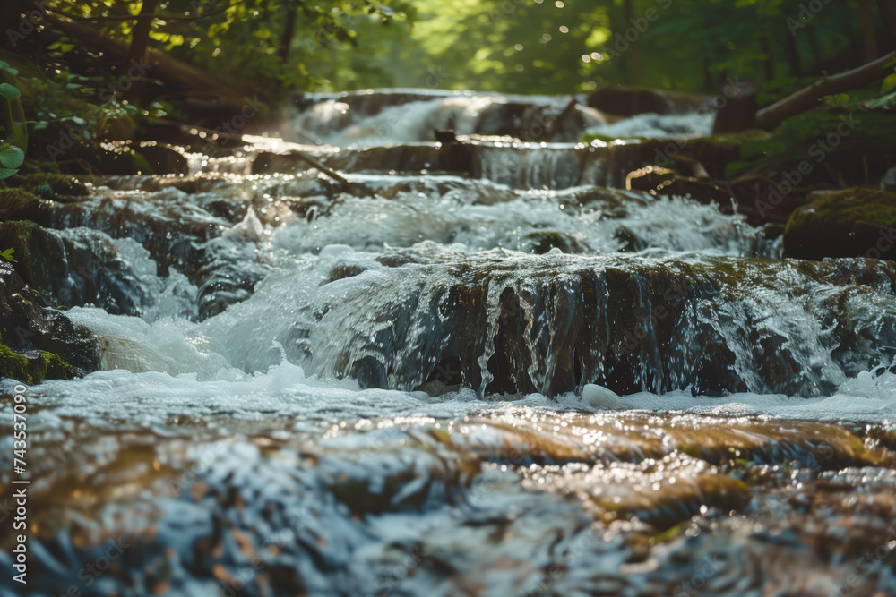 Poster waterfall in the forest. water is the source of life. a slide background for showcasing the importan