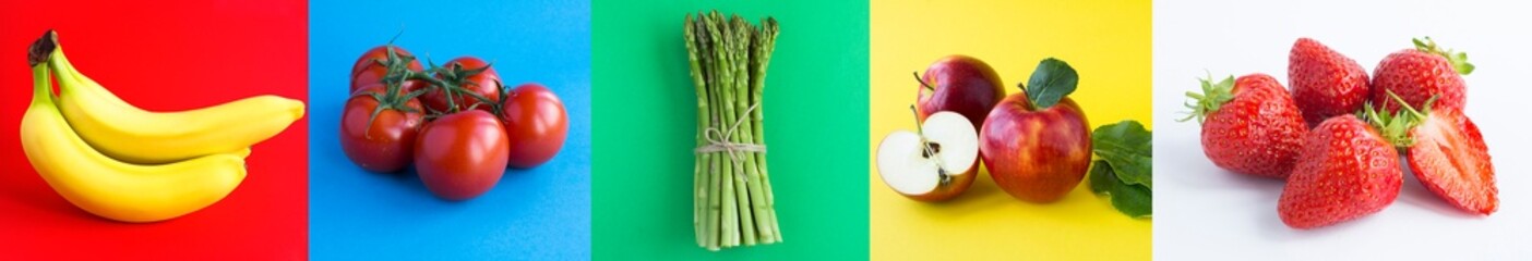 Collage of fruit, berry and vegetable on the colored background. Close-up.