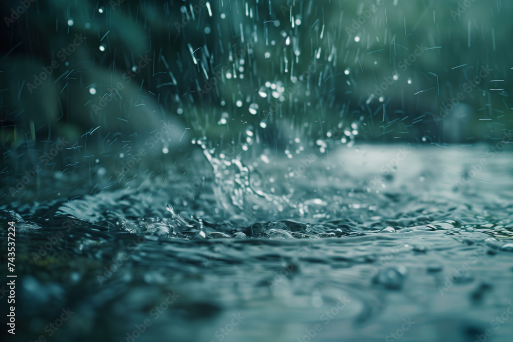 Poster water splash in the forest. water is the source of life. a slide background for showcasing the impor