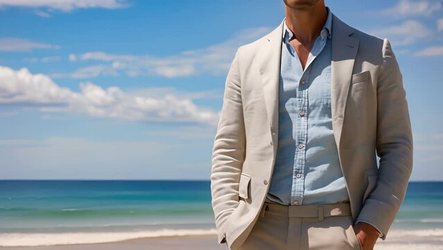 A sophisticated yet casual look featuring a linen blazer chambray shirt and tailored khaki pants. Perfect for a yacht club tail party with the sound of gentle waves in the