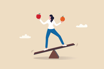 Comparison, decision to choose alternative choices, doubt or thoughtful compare good and bad things for best result, options concept, business woman compare orange and apple while balance on seesaw. - 743537405