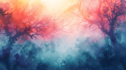 Colorful Watercolor Forest Background with Crimson and Blue Tones