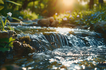 Fototapeta premium Waterfall in the forest. Water is the source of life. A slide background for showcasing the importance of water. Background image. Created with Generative AI technology.