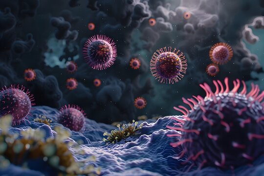 3D Illustration of Microorganisms in Purple and Blue Styles